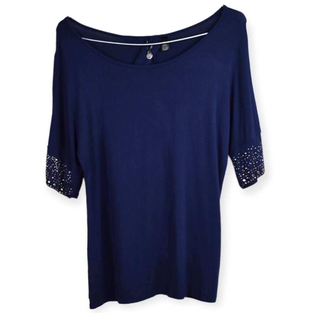 BKE Boutiue Blouse M Womens Navy Embellished Beaded Cut Out Back Boat Neck
